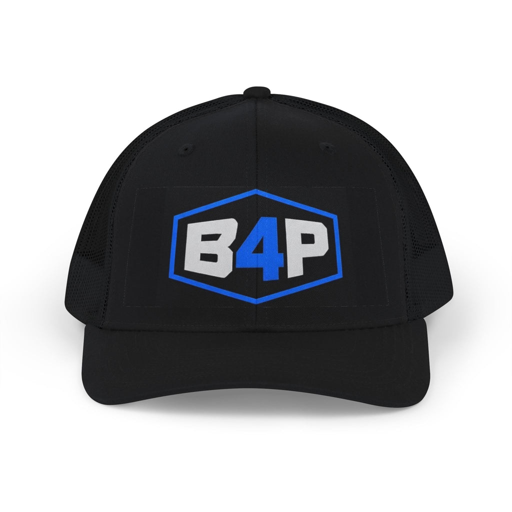 B4P Logo Snapback Trucker Cap — Blue Hex Patch Baseball Hat