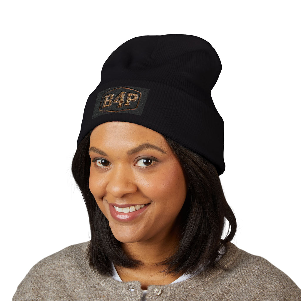 B4P Embroidered Cuffed Beanie — Classic Black Knit Winter Hat
