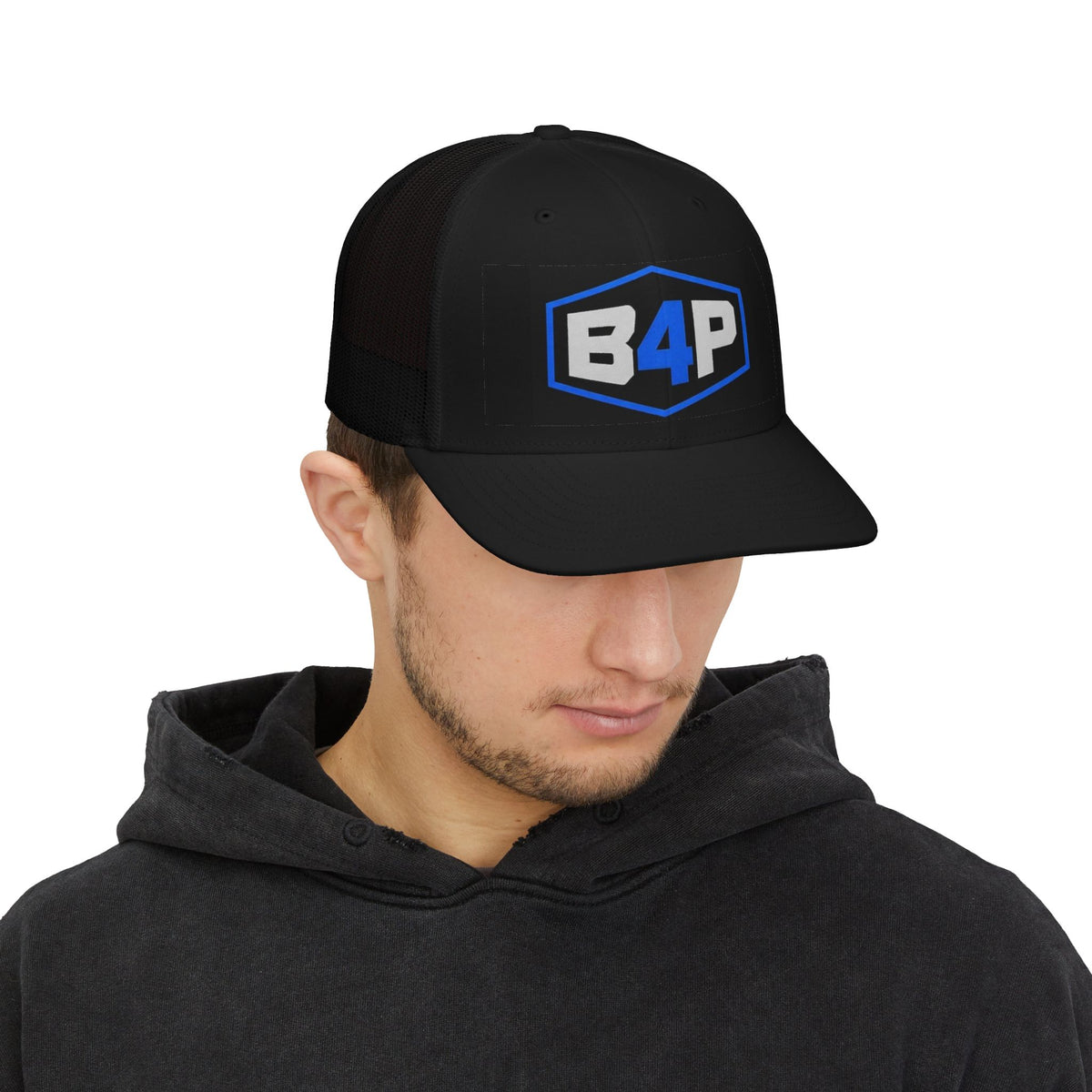 B4P Logo Snapback Trucker Cap — Blue Hex Patch Baseball Hat
